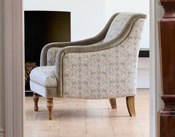 Rothermere Chair in RHS Gertrude Jekyll Ornamental Brown with Arms and Front Border in Mohair Mushroom